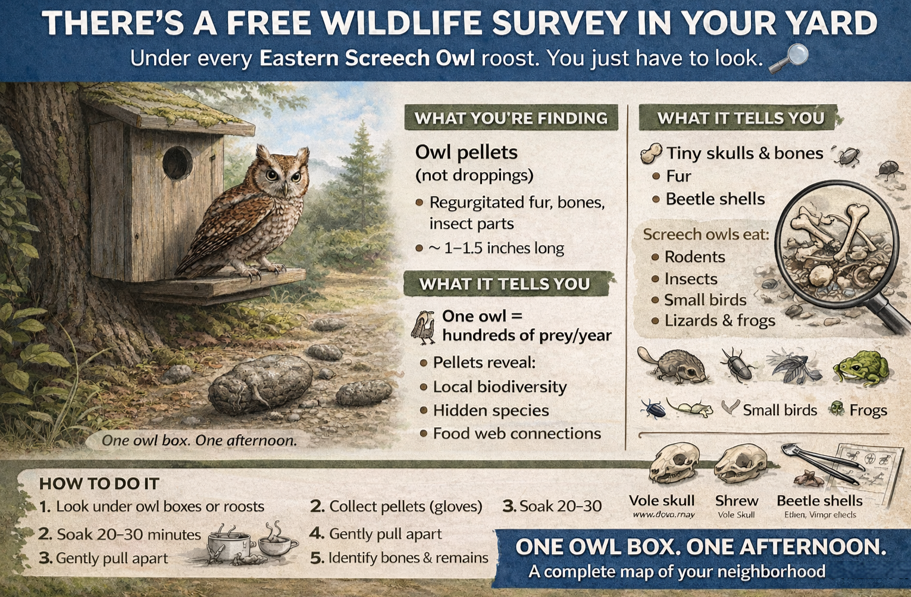 Infographic about owl pellets, what they reveal, and how to examine them in the yard.