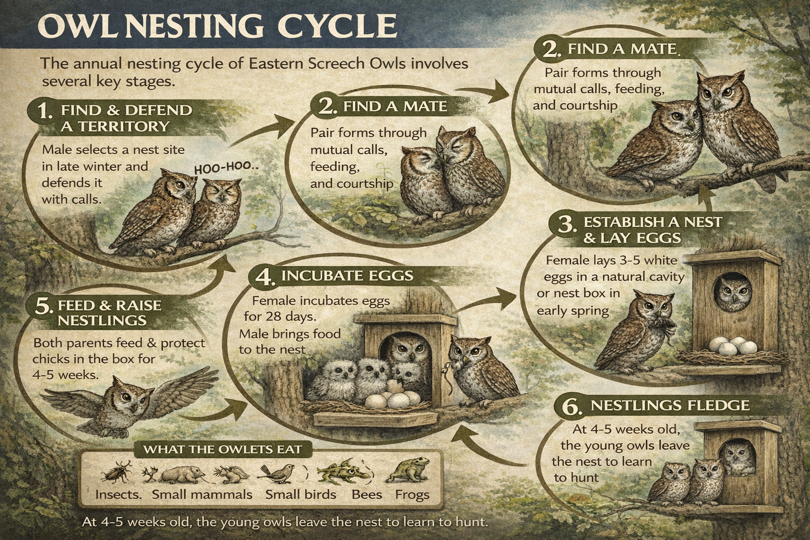 Infographic showing the Eastern Screech Owl nesting cycle from territory defense through fledging.