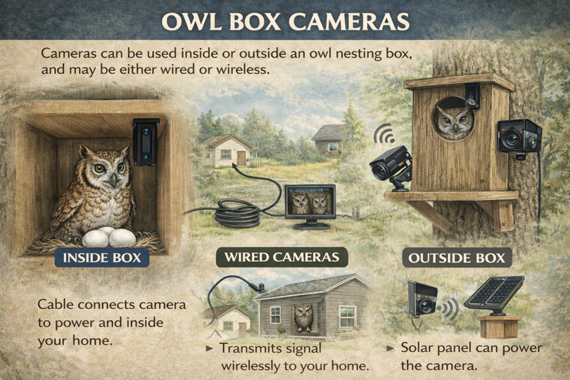 Infographic showing camera options for owl boxes, including inside, wired, and outside camera setups.