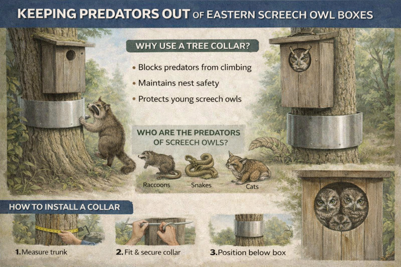 Infographic explaining how tree collars help keep predators out of Eastern Screech Owl boxes.