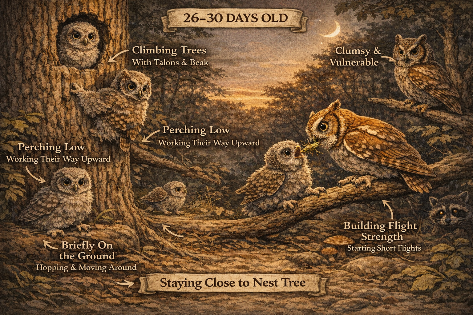 Infographic showing Eastern Screech Owl fledgling behavior between 26 and 30 days old, including climbing, low perching, ground movement, and short early flights near the nest tree.